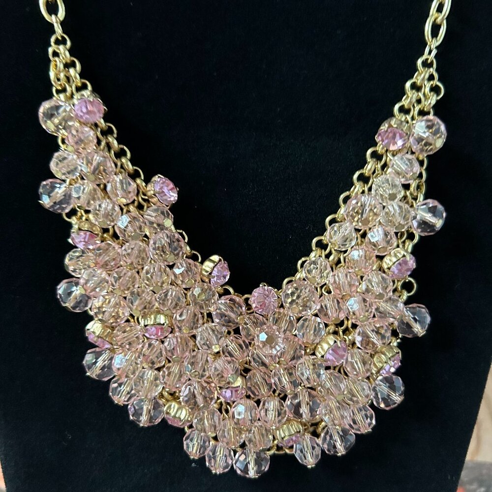 Rhinestone Statement Bib Necklace Pink Gold Tone Adjustable